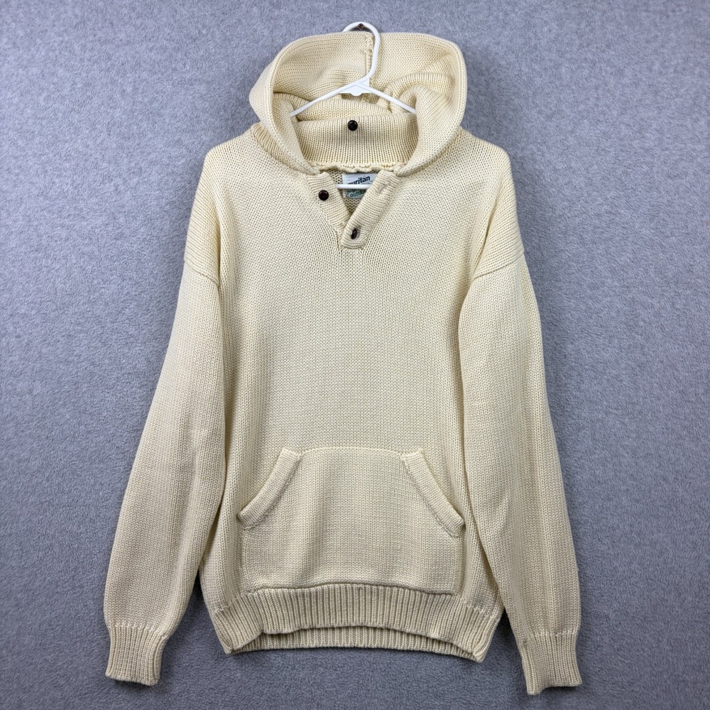Vintage Puritan Sweater Hoodie Mens Large Ivory Chunky Knit Henley Pullover 80s